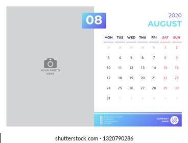 Calendar design for august 2020. simple blue color. week starts on monday. vector design print template with place for photo.