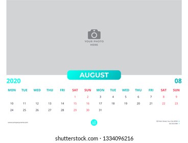 Calendar design for august 2020. simple turquoise color. week starts on monday. horizontal version. vector design print template with place for photo. 