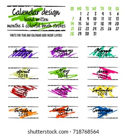 Calendar design by months with colorful hand drawn elements and hand written lettering on white background. Vector illustration