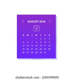 Calendar design concept August 2018.
Business wall or web calendar template.
Minimal elegant design.
Can be used in print advertising, public relations, infographic.
Vector illustration.