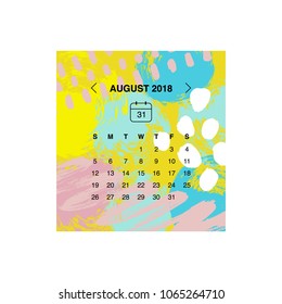 Calendar design concept August 2018.Business wall or web calendar template.Minimal elegant design.Can be used in print advertising, public relations, infographic.Vector illustration.