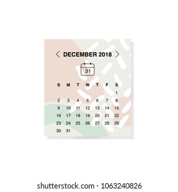 Calendar design concept December 2018.Business wall or web calendar template.Minimal elegant design.Can be used in print advertising, public relations, infographic.Vector illustration.