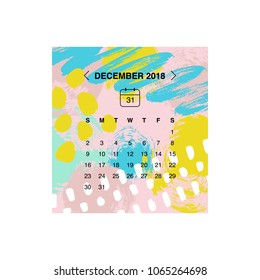 Calendar design concept December 2018.
Business wall or web calendar template.
Minimal elegant design.
Can be used in print advertising, public relations, infographic.
Vector illustration.