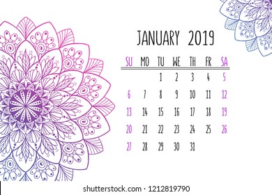 Calendar design concept January 2019 with decorative hand drawn mandala elements. Round ornament pattern for holiday event planner. Week starts from Sunday. Can be used in print advertising or public.
