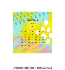 Calendar design concept July 2018.Business wall or web calendar template.Week starts from Sunday. Minimal elegant design.Can be used in print advertising, infographic.Vector illustration.