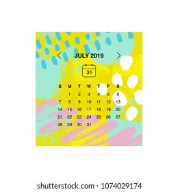 Calendar design concept July 2019.
Business wall or web calendar template.
Week starts from Sunday. Minimal elegant design.
Can be used in print advertising, infographic.
Vector illustration.