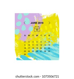 Calendar design concept June 2019.
Business wall or web calendar template.
Week starts from Sunday. Minimal elegant design.
Can be used in print public relations, infographic.
Vector illustration.