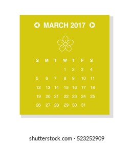 Calendar design concept March 2017.
Business wall or web calendar template.
Minimal elegant design.
Can be used in print advertising, public relations, infographic.
Vector illustration.