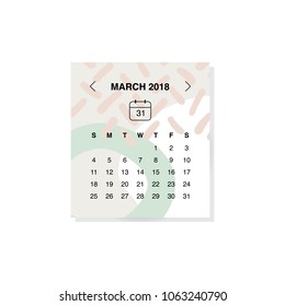 Calendar design concept March 2018.Business wall or web calendar template.Minimal elegant design.Can be used in print advertising, public relations, infographic.Vector illustration.