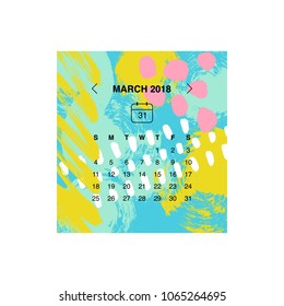 Calendar design concept March 2018.
Business wall or web calendar template.
Minimal elegant design.
Can be used in print advertising, public relations, infographic.
Vector illustration.
