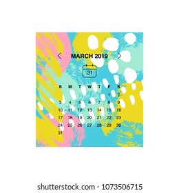 Calendar design concept March 2019.
Business wall or web calendar template.
Minimal elegant design.
Can be used in print advertising, public relations, infographic.
Vector illustration.