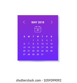 Calendar design concept May 2018.
Business wall or web calendar template.
Week starts from Sunday.
Can be used in print advertising, public relations, infographic.
Vector illustration.