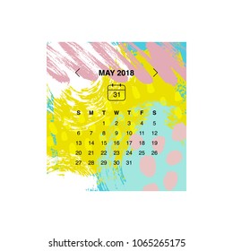 Calendar design concept May 2018.Business wall or web calendar template.Week starts from Sunday.Can be used in print advertising, public relations, infographic.Vector illustration.