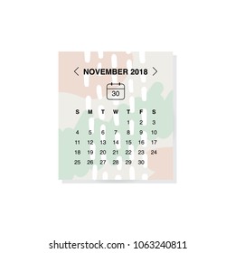 Calendar design concept November 2018.
Business wall or web calendar template.
Minimal elegant design.
Can be used in print advertising, public relations, infographic.
Vector illustration.