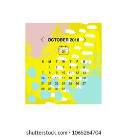 Calendar design concept October 2018.
Business wall or web calendar template.
Minimal elegant design.
Can be used in print advertising, public relations, infographic.
Vector illustration.