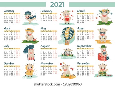 Calendar design with a cute and funny bull or ox in different situations. 2021. Calendar design concept with twelve characters. Vector. 