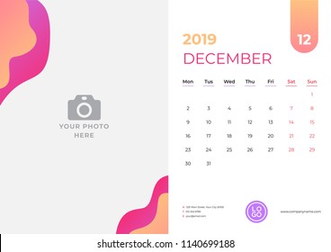 Calendar design for December 2019. Simple red and orange background. Week starts on Monday. Vector design print template with place for photo. 
