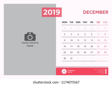 Calendar design for December 2019. Simple red color. Week starts on Monday. Vector design print template with place for photo. 