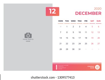 Calendar design for december 2020. simple orange color. week starts on monday. vector design print template with place for photo. 
