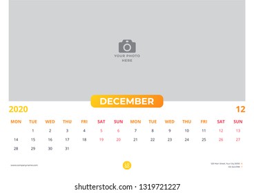 Calendar design for december 2020. simple yellow color. week starts on monday. horizontal version. vector design print template with place for photo. 