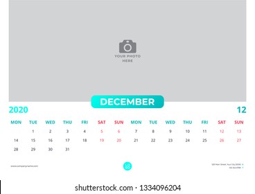 Calendar design for december 2020. simple turquoise color. week starts on monday. horizontal version. vector design print template with place for photo.