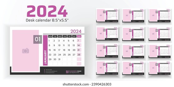 Calendar design for each month in 2024. Simple desk calendar design. The week begins on Monday. Schedule for the year 2024.