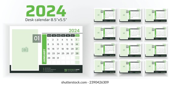 Calendar design for each month in 2024. Simple desk calendar design. The week begins on Monday. Schedule for the year 2024.