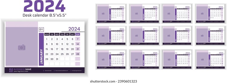 Diseño del calendario para cada mes en 2024. Diseño sencillo de calendario de escritorio. La semana empieza el lunes. Calendario para el año 2024.