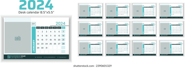 Calendar design for each month in 2024. Simple desk calendar design. The week begins on Monday. Schedule for the year 2024.