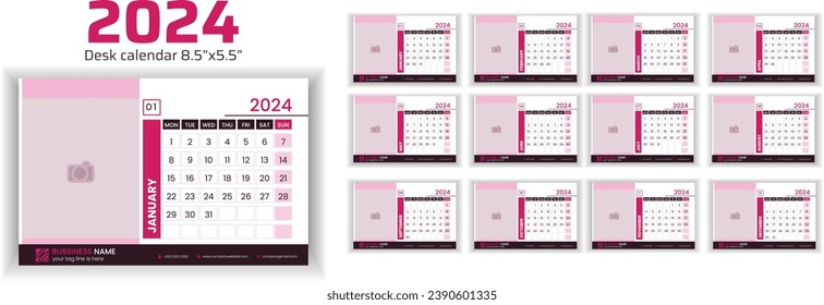 Calendar design for each month in 2024. Simple desk calendar design. The week begins on Monday. Schedule for the year 2024.