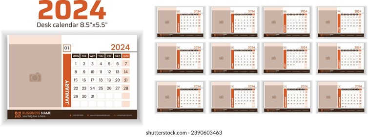Calendar design for each month in 2024. Simple desk calendar design. The week begins on Monday. Schedule for the year 2024.