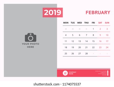 Calendar design for February 2019. Simple red color. Week starts on Monday. Vector design print template with place for photo. 