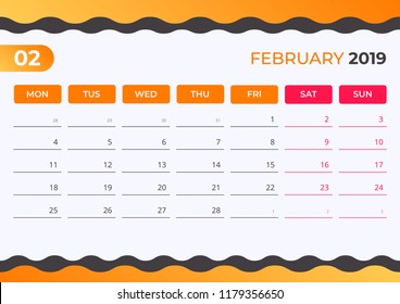 Calendar design for February 2019. Simple orange and black background. Week starts on Monday. Vector design print template.