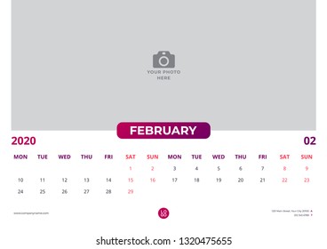 Calendar design for february 2020. simple red color. week starts on monday. horizontal version. vector design print template with place for photo.
