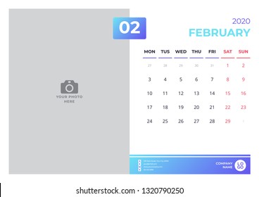Calendar design for february 2020. simple blue color. week starts on monday. vector design print template with place for photo. 