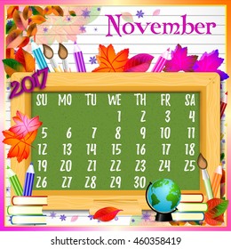 Calendar design grid with green chalkboard and school supplies on page of copybook in line. Back to school background with dates of autumn month November 2017. Vector illustration