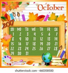 Calendar design grid with green chalkboard and school supplies on page of copybook in line. Back to school background with dates of autumn month October 2017. Vector illustration
