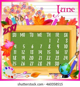 Calendar design grid with green chalkboard and school supplies on page of copybook in line. Back to school background with dates of summer month June 2017. Vector illustration