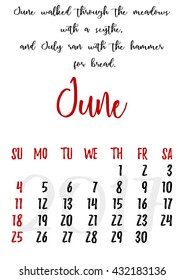 Calendar design grid in hand written style with russian proverbs, adages and saying and dates of summer month June 2017. Vector illustration