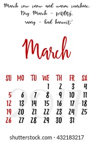 Calendar design grid in hand written style with russian proverbs, adages and saying and dates of spring month March 2017. Vector illustration