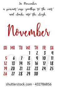 Calendar design grid in hand written style with russian proverbs, adages and saying and dates of autumn month November 2017. Vector illustration