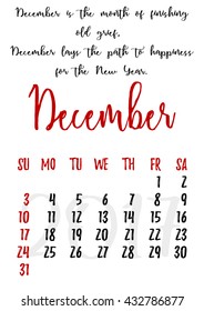 Calendar design grid in hand written style with russian proverbs, adages and saying and dates of winter month December 2017. Vector illustration