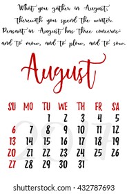Calendar design grid in hand written style with russian proverbs, adages and saying and dates of summer month August 2017. Vector illustration