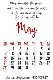 Calendar design grid in hand written style with russian proverbs, adages and saying and dates of spring month May 2017. Vector illustration