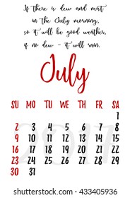 Calendar design grid in hand written style with russian proverbs, adages and saying and dates of summer month July 2017. Vector illustration