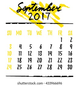 Calendar design grid in hand written style with lettering and dates of autumn month September 2017. Black on white. Vector illustration