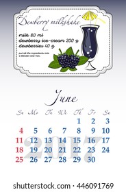 Calendar design grid with recipes for fruit cocktails, smoothies, fruit drinks, lemonades, juices and dates of summer month June 2017. Vector illustration