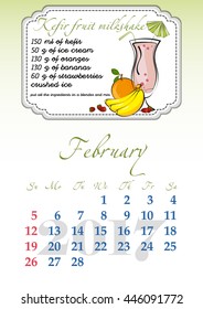 Calendar design grid with recipes for fruit cocktails, smoothies, fruit drinks, lemonades, juices and dates of winter month February 2017. Vector illustration