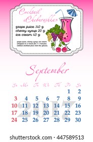 Calendar design grid with recipes for fruit cocktails, smoothies, fruit drinks, lemonades, juices and dates of autumn month September 2017. Vector illustration