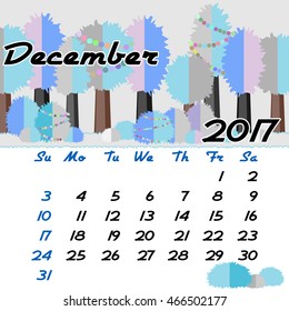 Calendar design grid with seasonal forest in flat style and dates of winter month December 2017. Vector illustration
